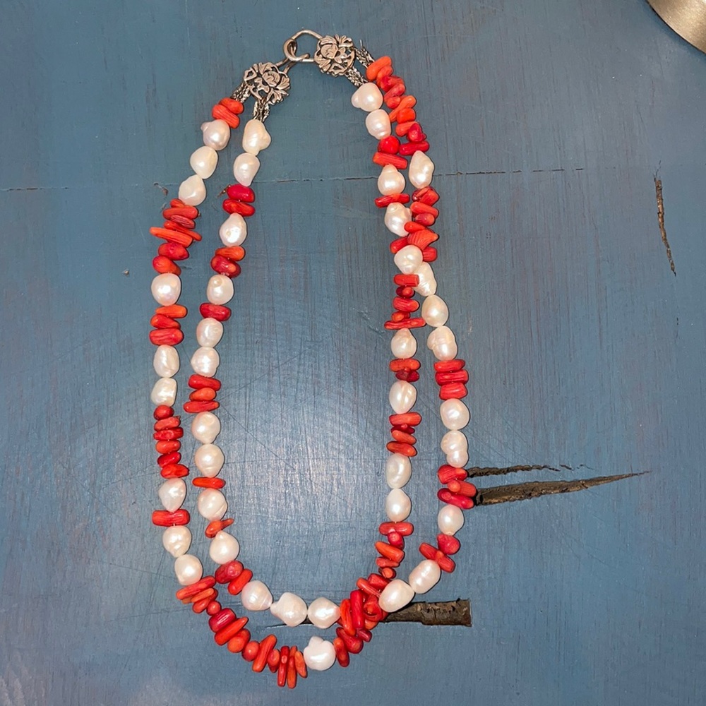 Double Strand Faux Coral and Freshwater Pearl Necklace handmade